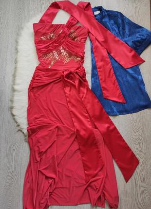 Красное длинное вечернее платье атласное шелковое с золотыми пайетками блестящее бандо