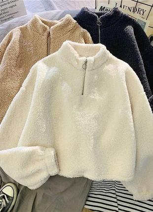 Зимняя женская пушистая кофта на молнии, свитшот утепленный, мягкое худи барашек, толстовка теплая свободная7 фото