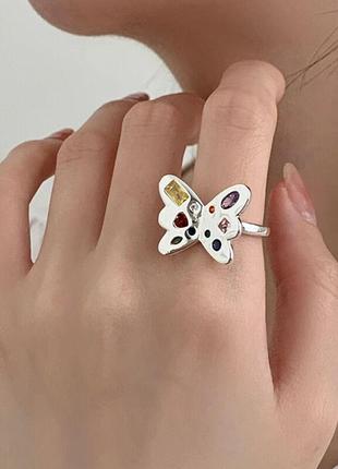 Кільце райдужний метелик з кольоровим камінням, срібне покриття 925 проби, регульований розмір 17-18.5