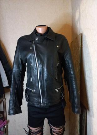 Вінтажна шкіряна косуха з бахромою,мотокуртка,leather biker jacket2 фото