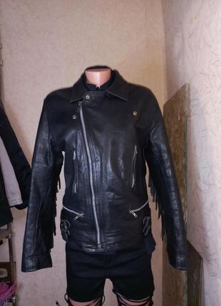 Вінтажна шкіряна косуха з бахромою,мотокуртка,leather biker jacket