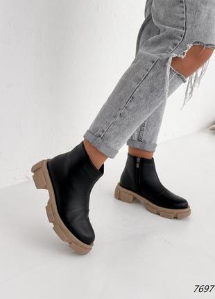 Стильные качественные черные женские зимние ботинки на бежевой подошве, кожаные/кожа-женская обувь на зиму
