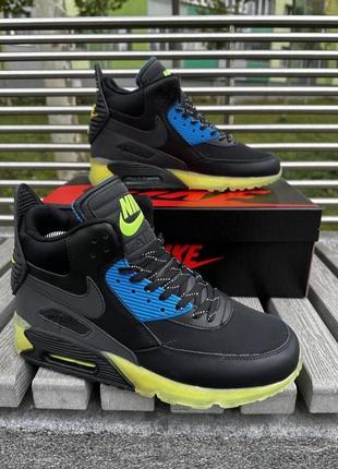 Мужские кроссовки nike air max 90 black / green высокие демисезонные