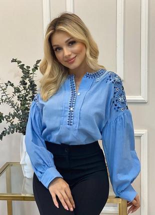 Голуба жіноча вишиванка 😊 вишита блуза 🥰 вишита сорочка