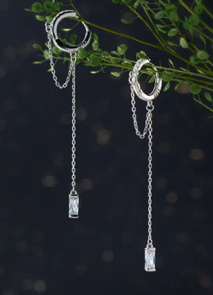 Серьги кольца серебряные с цепочкой и кисточкой бриллиант, длинные сережки конго с фианитами,серебро1 фото