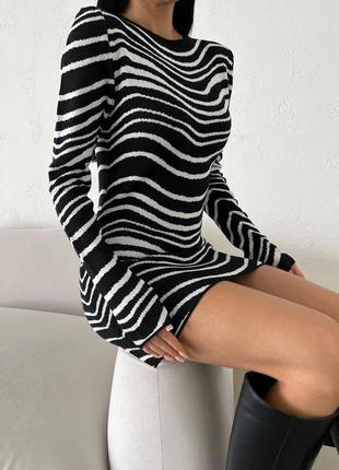 Женское мини-платье "зебра" с длинным рукавом, черно-белое8 фото