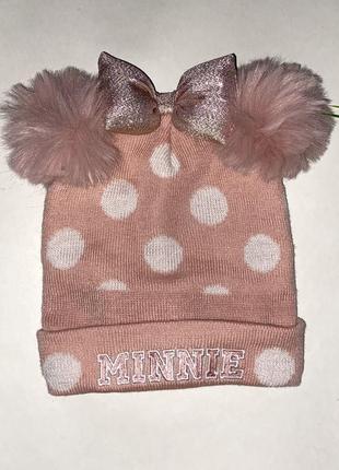 Шапка двойная розового цвета с меховыми помпонами minnie + перчатки ( на выбор) бренд: primark2 фото