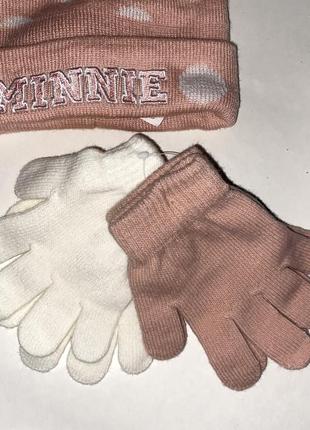 Шапка двойная розового цвета с меховыми помпонами minnie + перчатки ( на выбор) бренд: primark5 фото