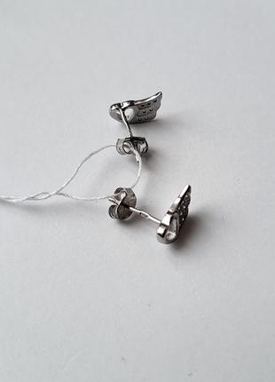 Серебряные серьги (пара) гвоздики на фиксаторах крылья ангела с белыми камнями серебро 925 родированное6 фото