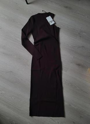 Платье миди трикотажное коричневое на одно плечо приталии zara s m 6873/0095 фото