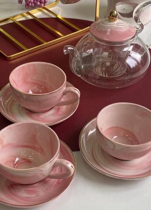 Чайный сервиз, чашки 6 шт и чайник, керамика/стекло "моя королева"1 фото