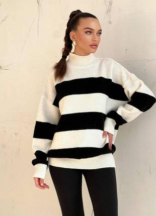 Стильный свитер, р. уни, вязка, черный полоска