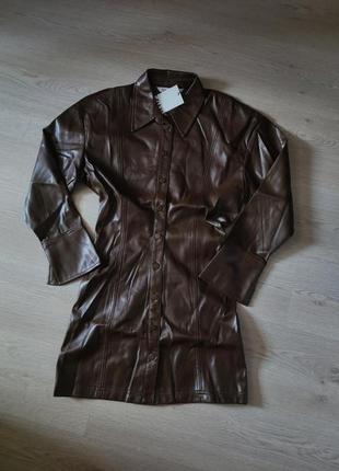 Платье рубашка на пуговицах кожа кожаное шоколадное zara s m 2969/3138 фото