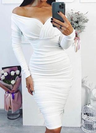 Белое качественное платье plus size меди в рубчик эффект утяжки prettylittlething5 фото