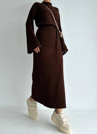 🎨4! шикарне плаття рубчик довге максі длинное макси женское платье сукня жіноча коричневе коричневое коричневий