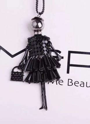 Кулон "стильная леди" новый тренд ожерелье подвеска модная куколка цепь цепочка чёрный серебро серебрянный кукла колье на шею повседневная вечерняя7 фото