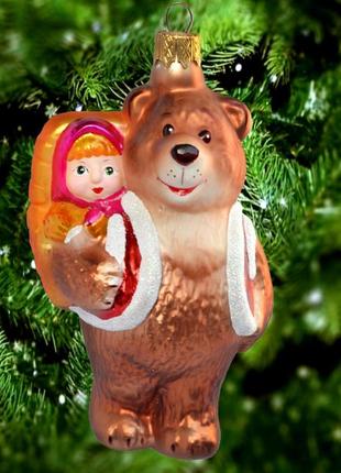 Стеклянная елочная, новогодняя игрушка маша и медведь