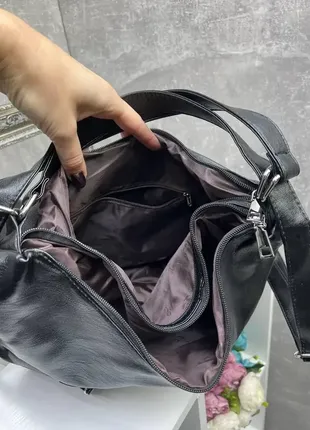 Чорна — сумка-мішок — можна носити рюкзаком — м'яка, стильна та велика на два відділення7 фото
