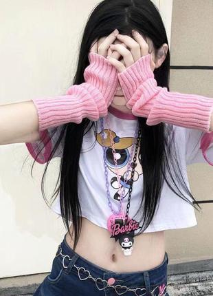 Рожеві мітенки теплі 6123 пудра митенки з отвором під великий палець гетри на руки в'язка рубчик