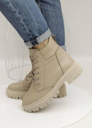 Женские зимние ботинки на шнуровке кожаные мех sav бежевые 364 фото