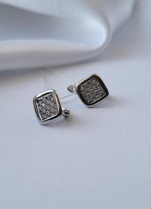 Срібні сережки (пара)  сережки ромб з білими каменями срібло 925 родоване 1267 1.91г5 фото