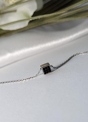 Женская серебряная цепочка колье с подвеской квадрат с черными камнями на цепочке 45 см серебро 925 пробы роди