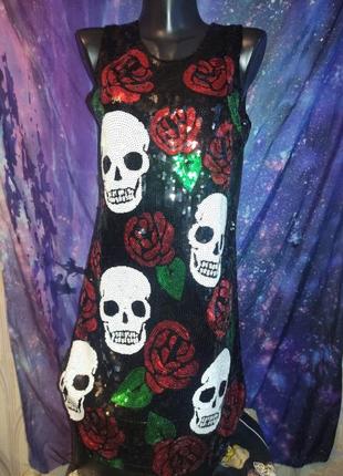 Платье в пайетках с черепами и разами неформальное готическое хеловин хеллоуин хелловин