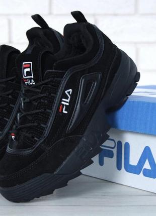 Зимові шкіряні кросівки з хутром fila obuv disruptor ii fur winter(фила дизраптор 2 у чорному кольорі)36,37,38