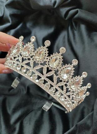 Тиара/диадема/корона  свадебная высокая с кристаллами сваровски, корона серебристая1 фото