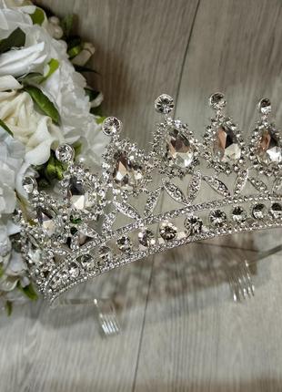 Тиара/диадема/корона  свадебная высокая с кристаллами сваровски, корона серебристая2 фото