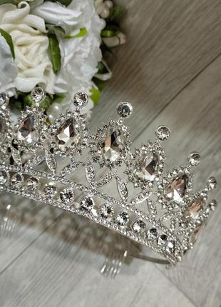 Тиара/диадема/корона  свадебная высокая с кристаллами сваровски, корона серебристая3 фото