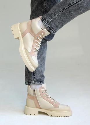 Жіночі зимові черевики на шнурівці шкіряні хутро rispetto бежеві 36 37 38 39 40 41