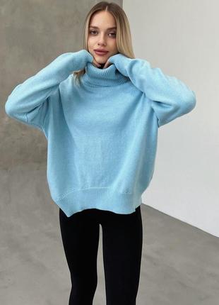Голубой свитер женский кашемировый с высоким горлом1 фото