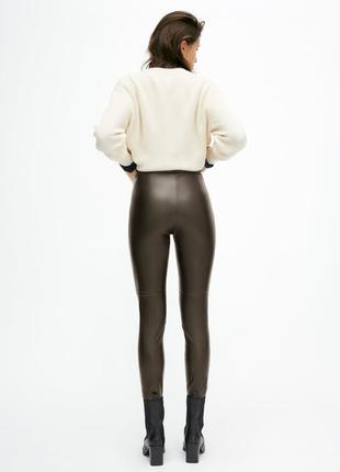 Брюки под кожу леггинсы лосины утепленные хаки темно-зеленые s m zara 8372/235