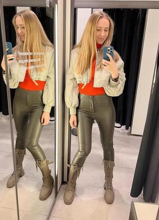 Брюки под кожу леггинсы лосины утепленные хаки темно-зеленые s m zara 8372/235