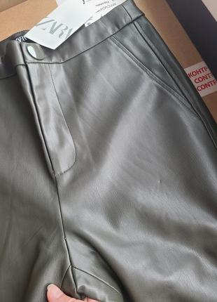 Брюки под кожу леггинсы лосины утепленные хаки темно-зеленые s m zara 8372/235
