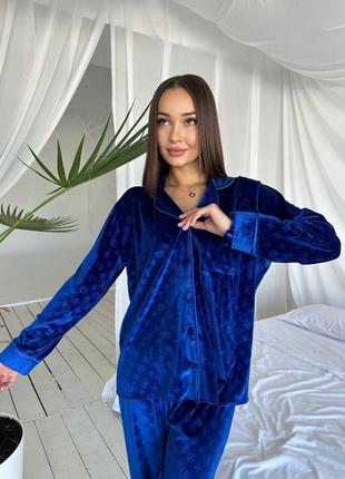 Оксамитовая пижама женская синяя электрик5 фото