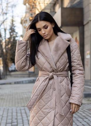 Пальто женское зимнее стеганое, теплое, бренд, какао1 фото