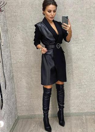 Платье пиджак мини с рукавами на запах из эко кожи из двух тканей платья черная по фигуре жакет классическая трендовая3 фото