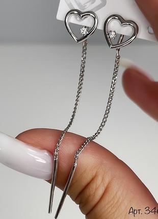 Срібні сережки протяжки серце з фіанітом