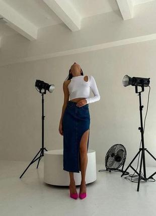 Джинсовая юбка с разрезом, мод ма-233, синий, размер м7 фото