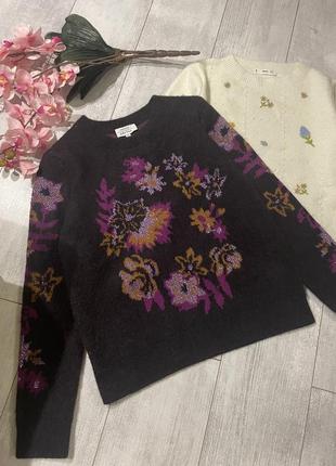 Брендовий светр темного коричневого кольору з люрексом та квітковим принтом з додаванням вовни та мохеру & other stories