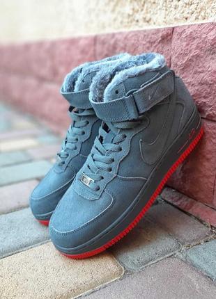 Nike air force 1 высокие серые кроссовки мужские замшевые зимние с мехом топ качество зима ботинки сапоги высокие теплые найк форс1 фото