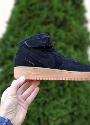 Nike air force 1 высокие черные на бежевой подошве кроссовки мужские замшевые зимние с мехом топ качество зима ботинки сапоги высокие теплые найк форс7 фото