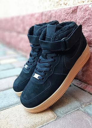 Nike air force 1 высокие черные на бежевой подошве кроссовки мужские замшевые зимние с мехом топ качество зима ботинки сапоги высокие теплые найк форс