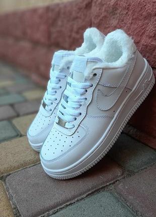 Nike air force 1 низкие белые полностью кроссовки женские кожаные топ качество зимние с мехом ботинки сапоги низкие теплые найк форс