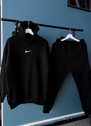 Стильный зимний костюм с принтом найк nike качественный теплый комплект худи и брюки мужской на флисе оверсайз