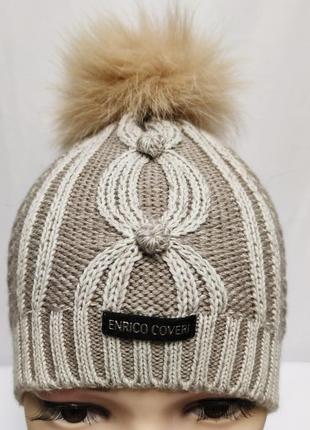 Шерстяная дизайнерская шапка с меховым бубоном enrico coveri италия /7001/3 фото