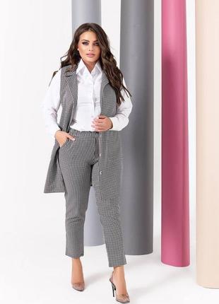 Классический стильный 3-ка блуза костюм гусиная лапка принт длинная жилетка прямые брюки брюки широкие кант высокая посадка блузка пиджак брюки зауженные4 фото