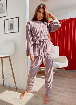 Велюровый домашний костюм пижама тройка комплект для дома велюр футболка халат кимоно кардиган с поясом прямые штаны мокко черный зелёный синий